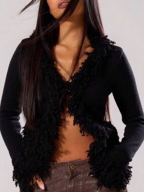 Muse Black Fringed V‑Neck Cardigan
